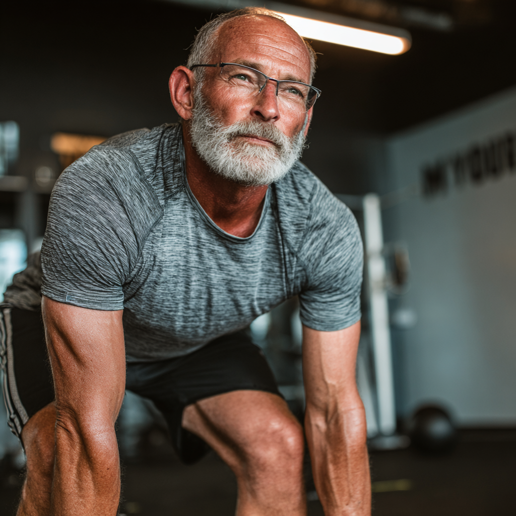 Focused older adult man in training gear demonstrating mental resilience