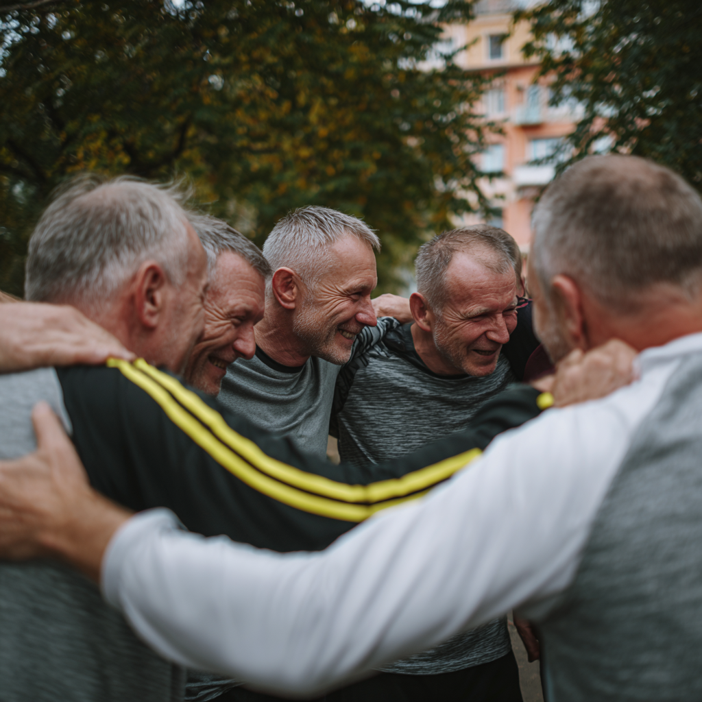 Group of middle-aged men supporting each other in fitness journey