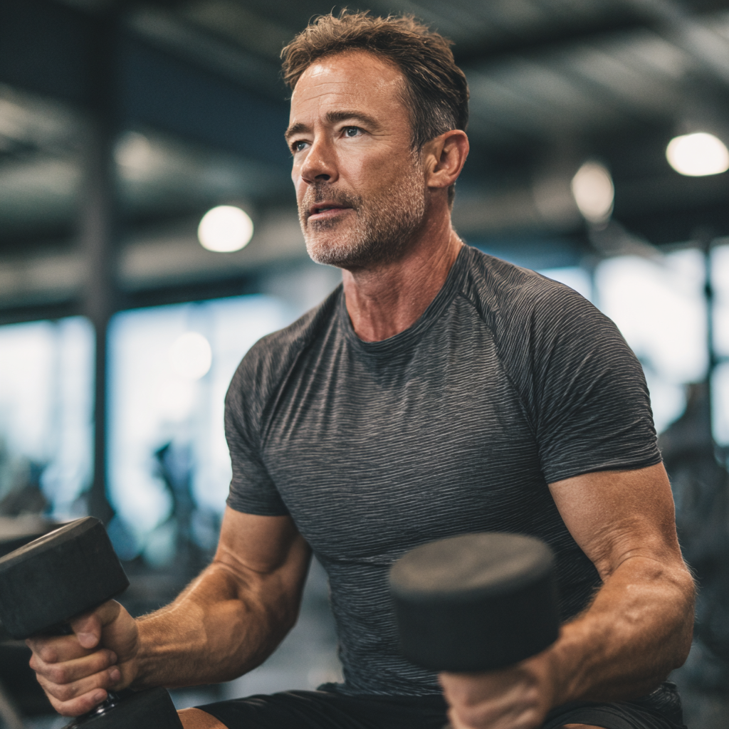 Middle-aged man performing strength training in modern gym environment